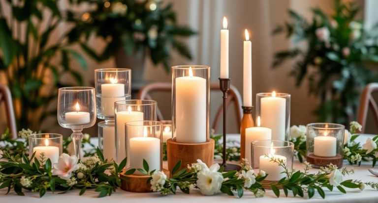 A table centerpiece with lit candles in glass holders and candlesticks, surrounded by lush greenery and white flowers, creates a serene, elegant ambiance.