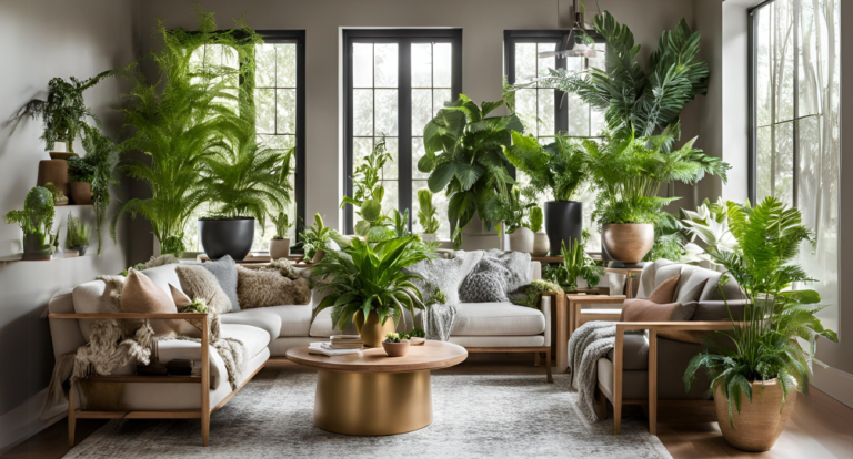 A serene living room filled with lush green plants in various pots, a cozy beige sofa with cushions, and a wooden coffee table in the center. Natural light streams through black-framed windows, creating a tranquil, refreshing atmosphere.