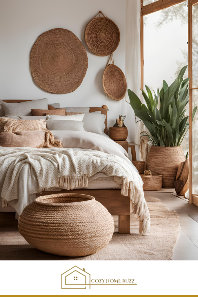 cozy boho bedroom with Woven Baskets