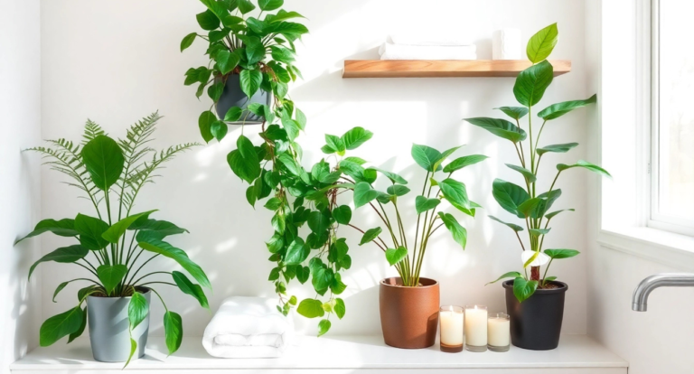 Sunny bathroom scene with lush potted green plants on a white shelf, a wooden shelf above with towels, and lit candles, creating a calming ambiance.