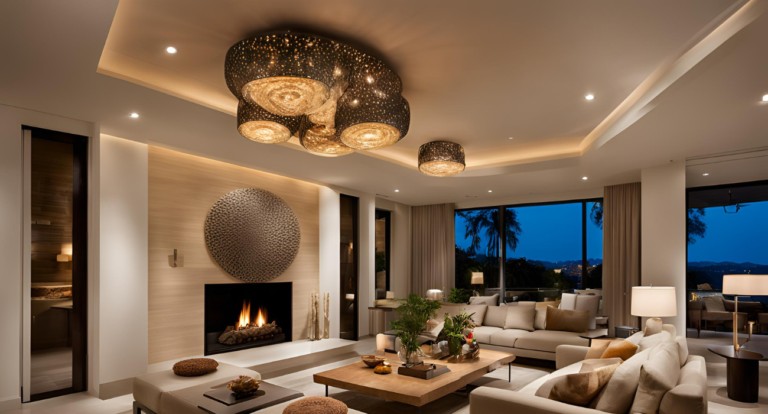 Luxurious living room with cozy sofas, a decorative fireplace, and ornate pendant lights. Large windows reveal a stunning nighttime view of trees and mountains.