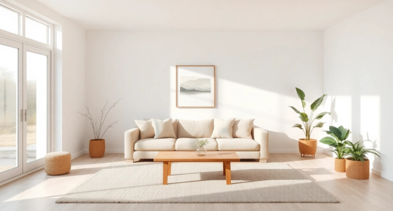 Minimalist living room with a beige sofa, light wooden coffee table, and potted plants. Sunlight streams in through large windows, creating a serene ambiance.
