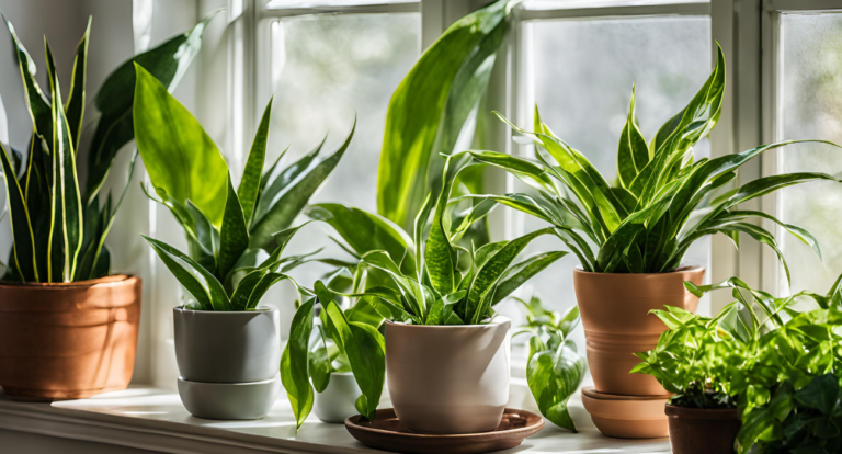 Potted green houseplants line a sunny windowsill, their vibrant leaves glistening in natural light. The scene feels fresh, lively, and tranquil.