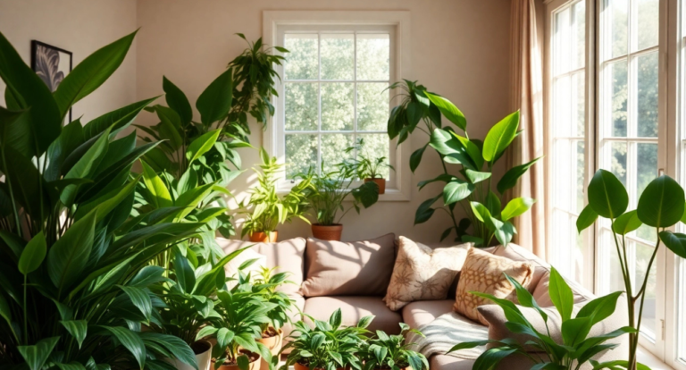 A cozy living room filled with lush green potted plants surrounding a beige sectional sofa. Sunlight streams through a window, creating a serene atmosphere.