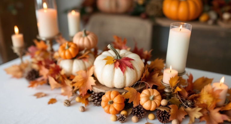 Thanksgiving table with autumn centerpieces and decorations.