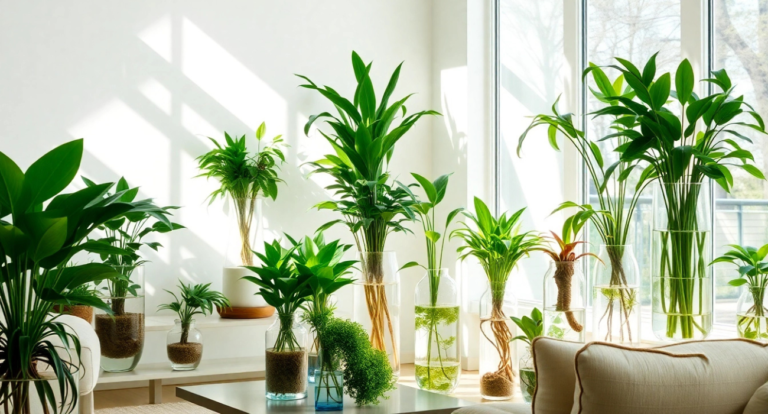 A bright room with large windows showcases green houseplants in clear glass vases on a shelf. Sunlight streams in, creating a tranquil and fresh atmosphere.