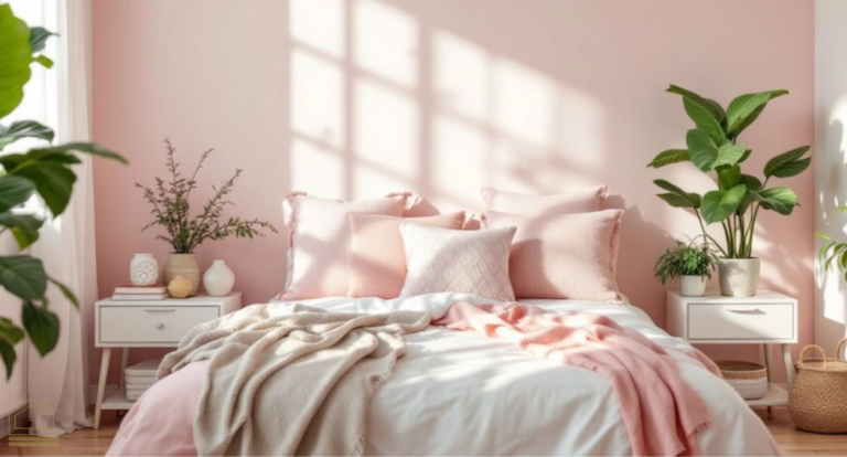 Cozy bedroom with pastel colors and vibrant plants.