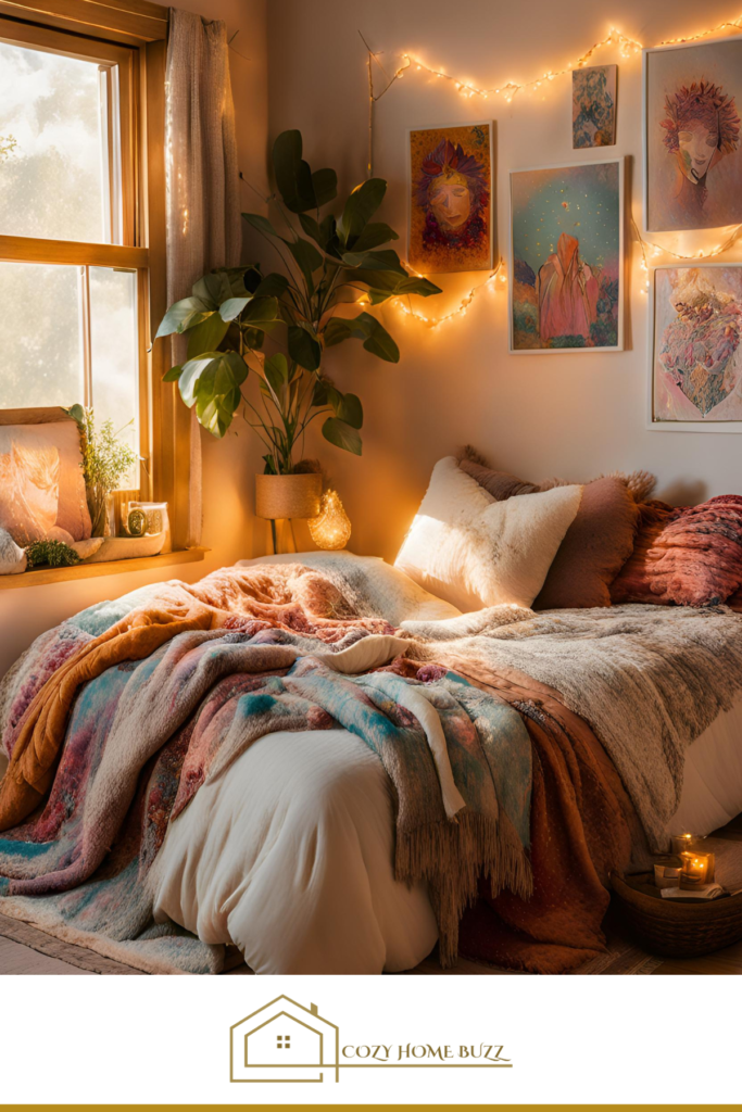 cozy boho bedroom with Bohemian Art Prints