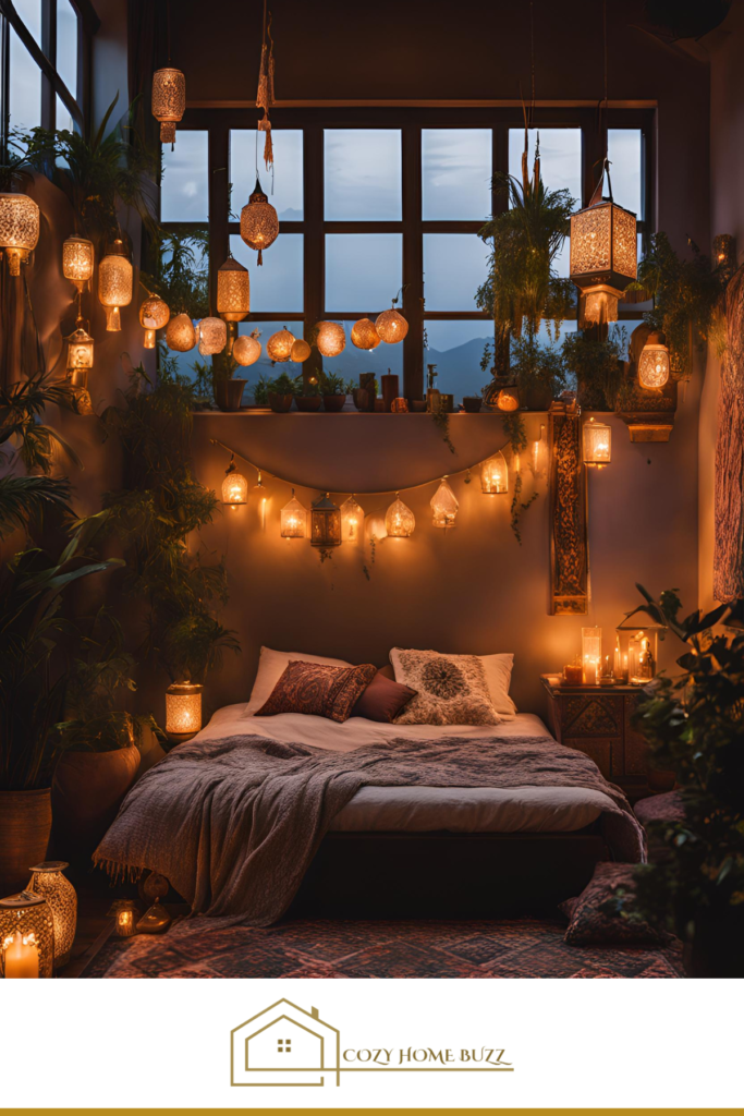 cozy boho bedroom with Candles and Lanterns