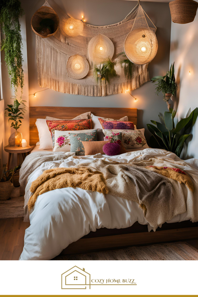 cozy boho bedroom with Embroidered Cushions