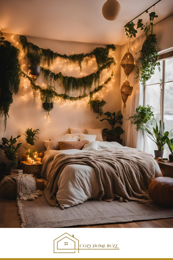 cozy boho bedroom with Globe String Lights