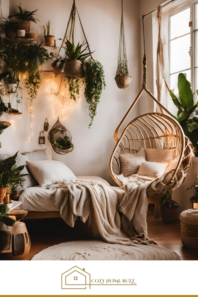 bohemian bedroom with hanging chair
