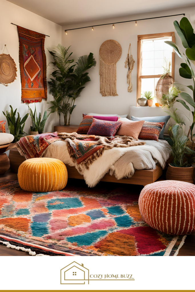 cozy boho bedroom with Moroccan Poufs