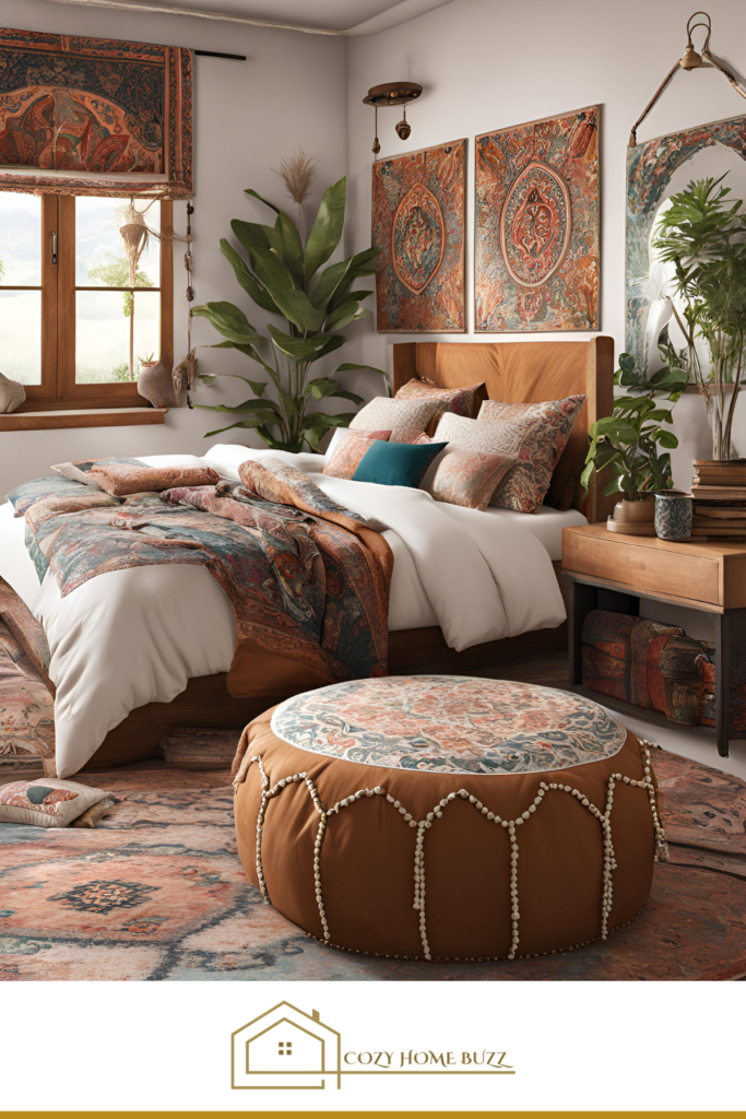 cozy boho bedroom with Ottoman with Eastern Prints