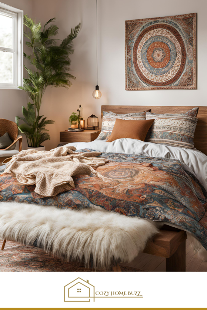 cozy boho bedroom with Patterned Bedding