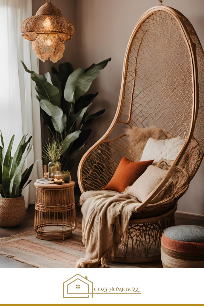 cozy boho bedroom with Peacock Chair
