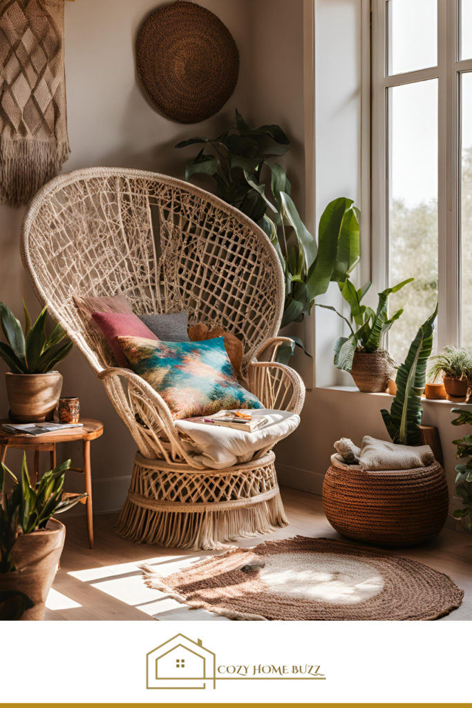 cozy boho bedroom with Peacock Chair