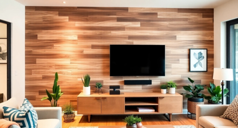 A modern living room with a wood-paneled wall, flat-screen TV, and wooden media console. Green plants add a fresh touch. Calm and stylish ambiance.