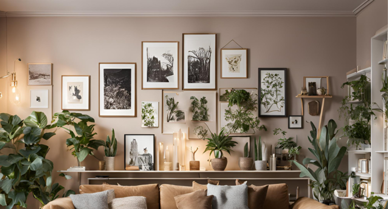 A cozy living room with a gallery wall of nature-themed art and a variety of green potted plants. Warm lighting creates a relaxing, natural ambiance.