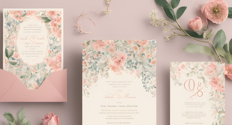 Elegant wedding invitations with pink floral designs and green leaves on pastel backgrounds. Includes a card in a pink envelope and flowers nearby.