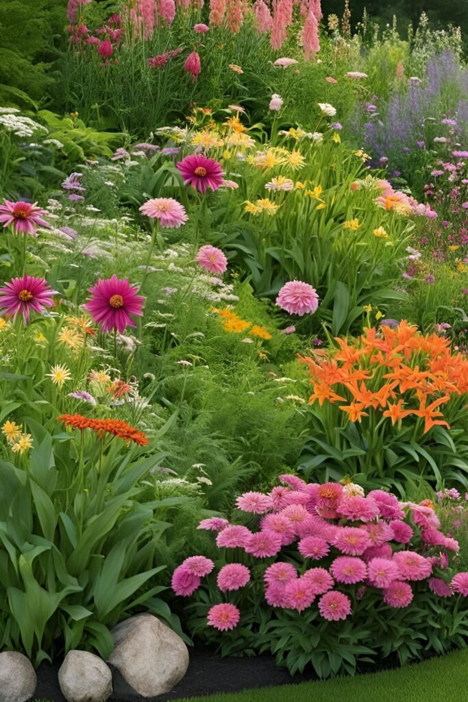 mix of perennials like coneflowers, daylilies, and peonies to ensure a vibrant display