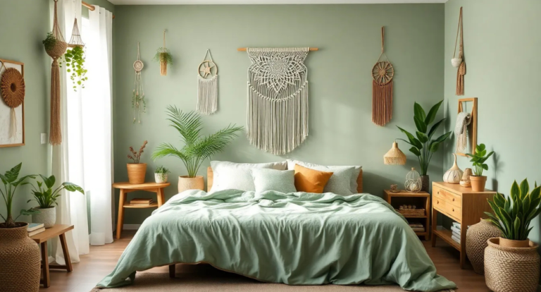 sage green boho bedroom ideas.