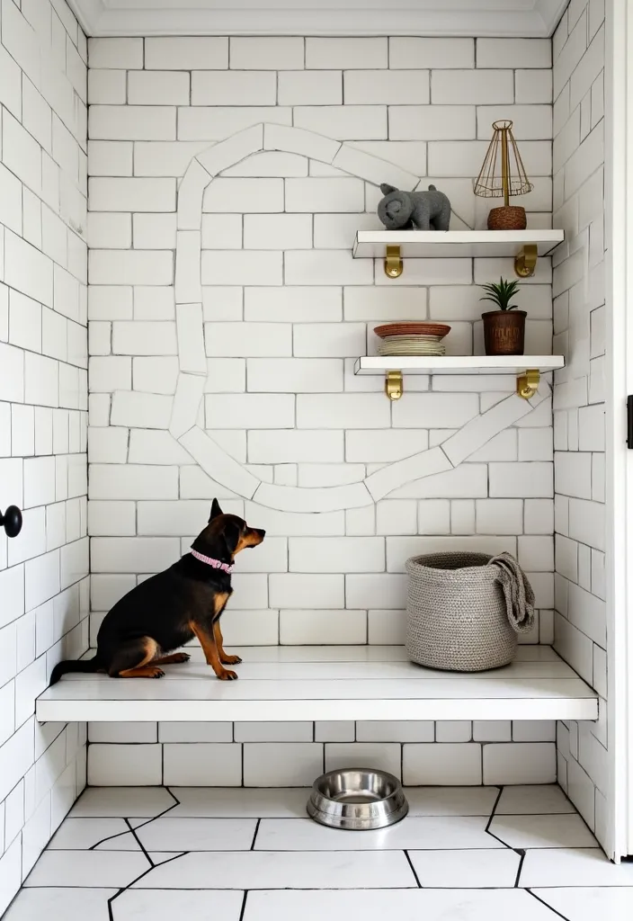 18 Jaw-Dropping Home Renovations Using White Tiles and Black Grout (You’ll Want to Copy #7!) - 14. Stylish Pet Areas