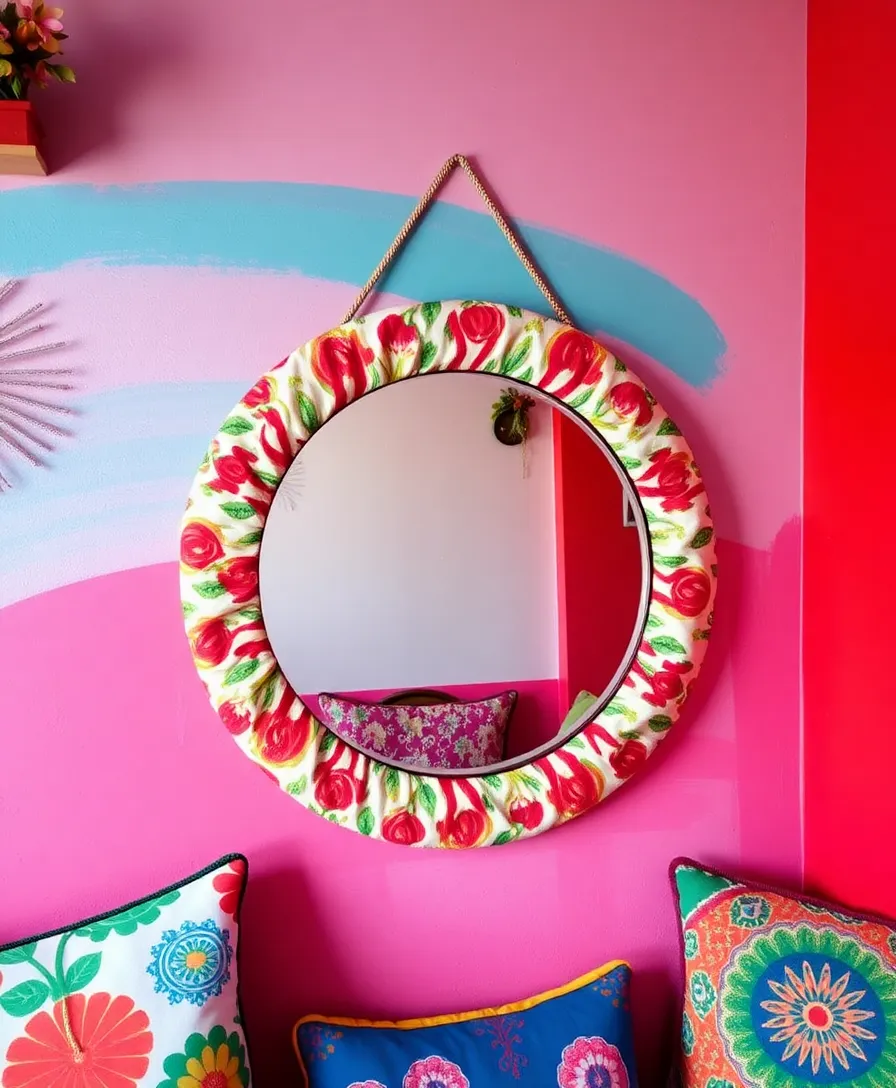12 Creative Round Mirror DIYs That Are Surprisingly Simple (You’ll Love #5!) - 10. Vibrant Fabric-Wrapped Round Mirror