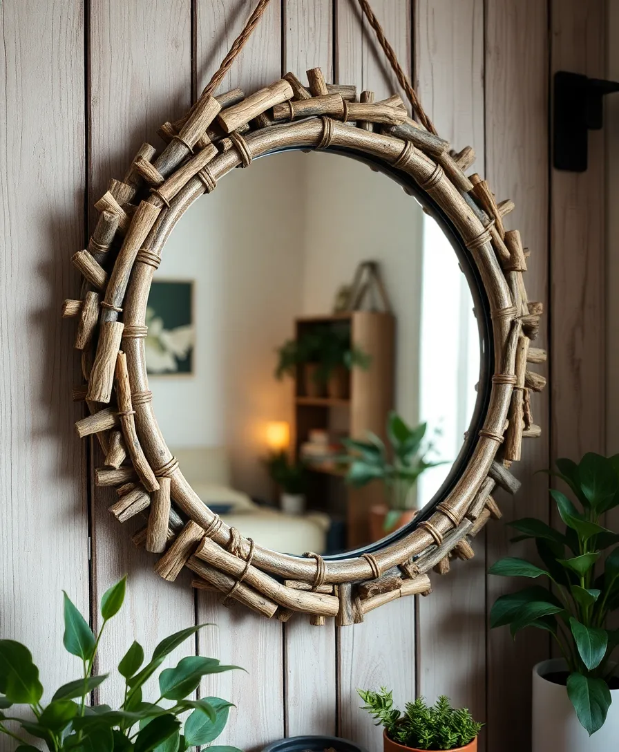 12 Creative Round Mirror DIYs That Are Surprisingly Simple (You’ll Love #5!) - 1. Rustic Stick Framed Round Mirror