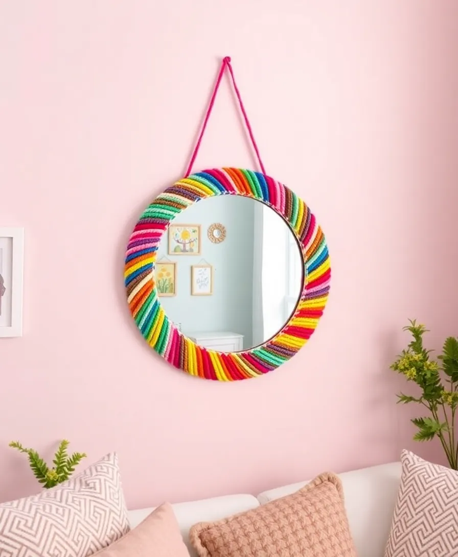 12 Creative Round Mirror DIYs That Are Surprisingly Simple (You’ll Love #5!) - 2. Color-Pop Yarn-Wrapped Mirror