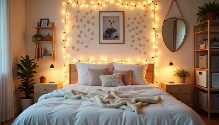 A cozy and stylish bedroom with DIY decorations, including fairy lights, wall art, handmade pillows, and creative storage solutions. The room has a warm and inviting atmosphere, featuring trendy aesthetics like boho, minimalistic, or pastel decor. The space looks upgraded with personalized touches such as a DIY photo wall, decorated mirrors, and handmade organizers. The lighting is soft and dreamy, enhancing the cozy vibe.