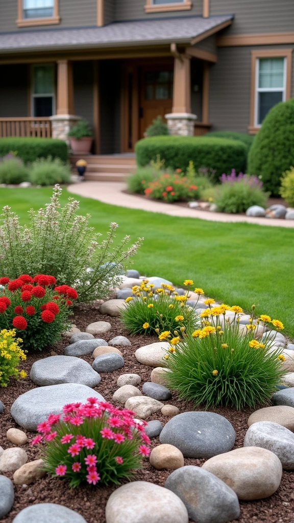 15 Stunning Front Flower Bed Ideas That Will Make Your Neighbors Green with Envy! - 7. Rock and Flower Combination