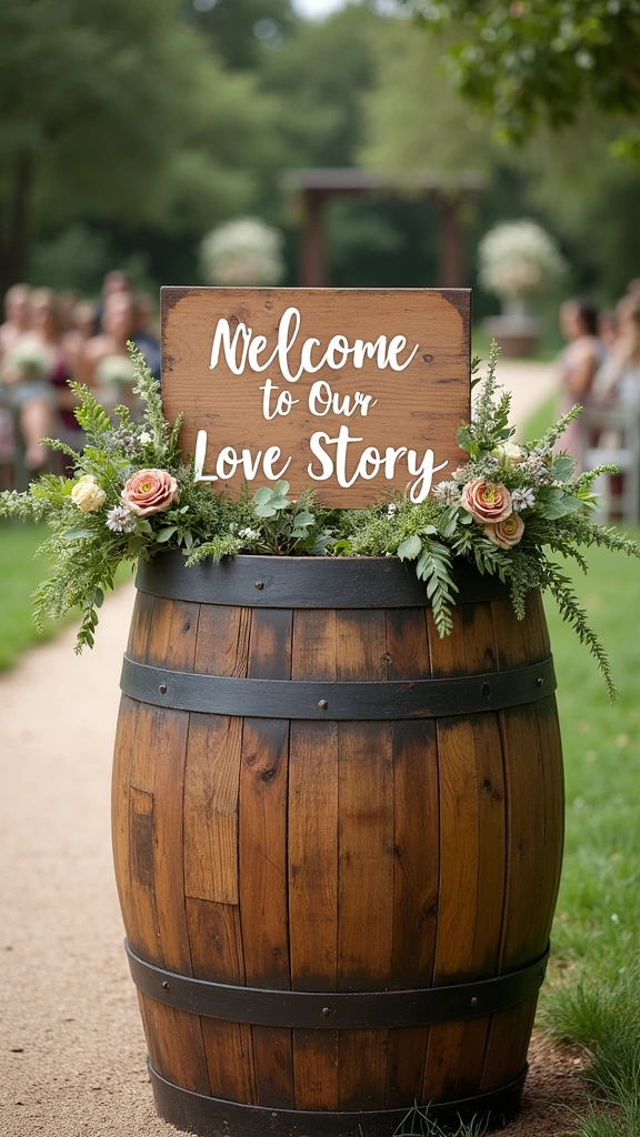 10 Rustic Wedding Entrance Signs That Will Leave Your Guests in Awe! - 8. Rustic Barrel Signs